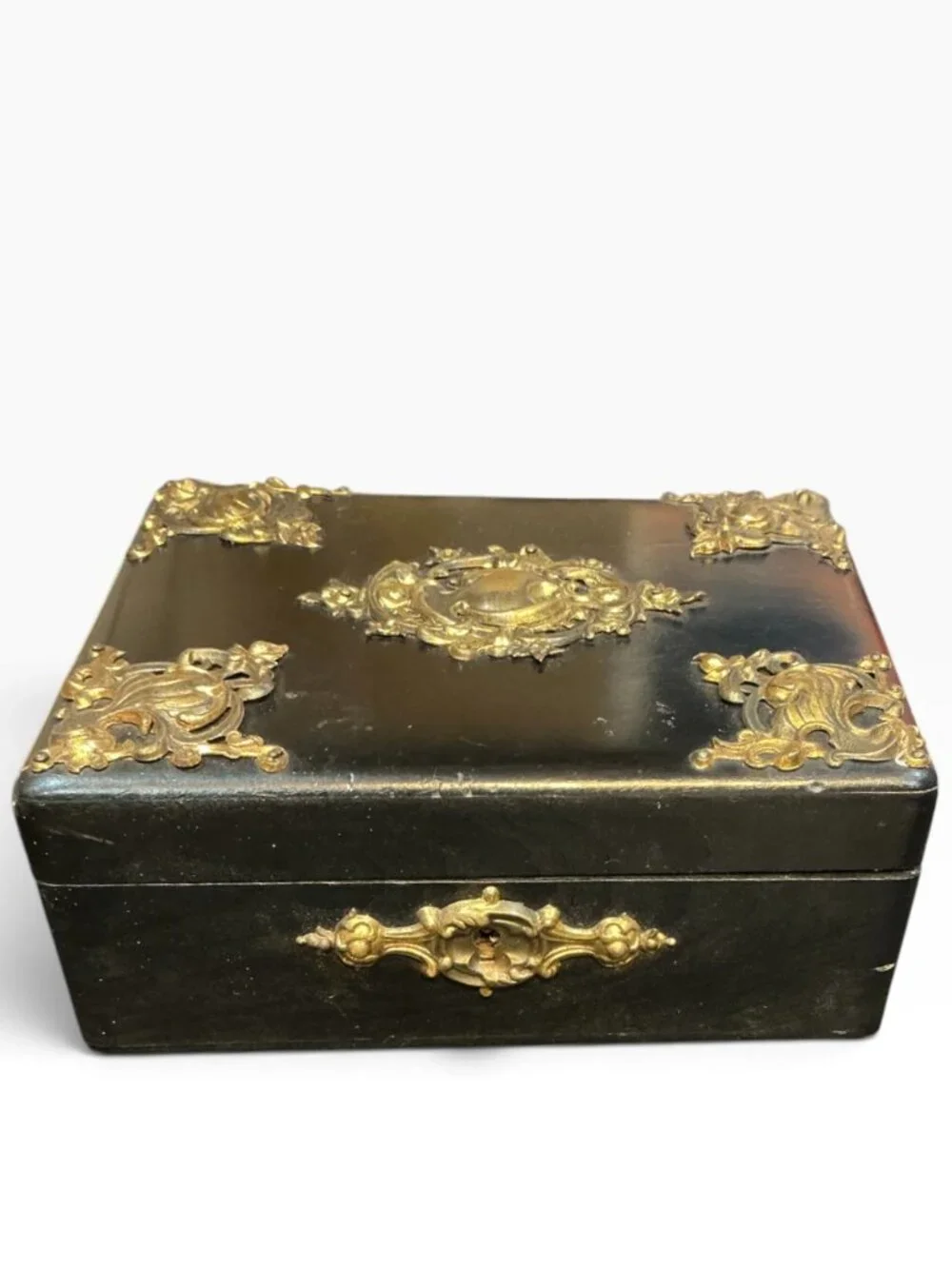 Antique C1900 Jewelry Casket Box Black Wood Brass Ormolu Red Satin Interior